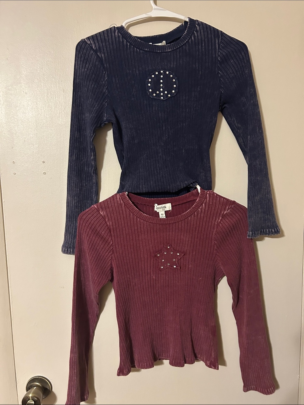 Speechless Girls Long-Sleeve Distressed Ribbed Tops with Stud Detail Appliqués.